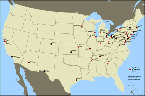 U.S. map showing cities with cocaine shortages reported by law enforcement agencies during the second quarter of 2007.