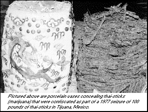 photo - Porcelain vases concealing thai-sticks (marijuana) that were confiscated as part of a 1977 seizure of 100 pounds of thai-sticks in Tijuana, Mexico.