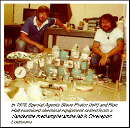 photo - In 1978, Special Agents Steve Prator and Ron Hall examined chemical equipment seized from a clandestine methamphetamine lab in Shreveport, Louisiana.