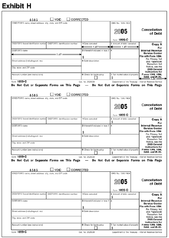 Exhibit H: 1099-CThis exhibit shows the dimensions of the IRS-official, version of the
2005 Revision of Copy A of Form 1099-C for purposes of substitute form producers
and software vendors.  The exhibit applies vertical and horizontal rules to
the official IRS over-the-counter paper version of the form to indicate the
size and location of various items on the form. 