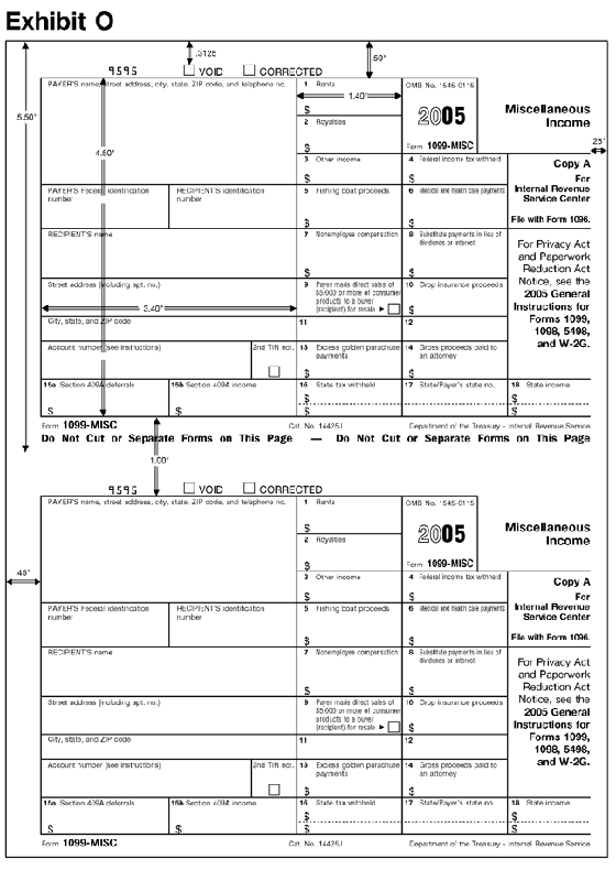 Exhibit O: 1099-MISCThis exhibit shows the dimensions of the IRS-official, version of the
2005 Revision of Copy A of Form 1099-MISC for purposes of substitute form
producers and software vendors.  The exhibit applies vertical and horizontal
rules to the official IRS over-the-counter paper version of the  form to indicate
the size and location of various items on the form. 