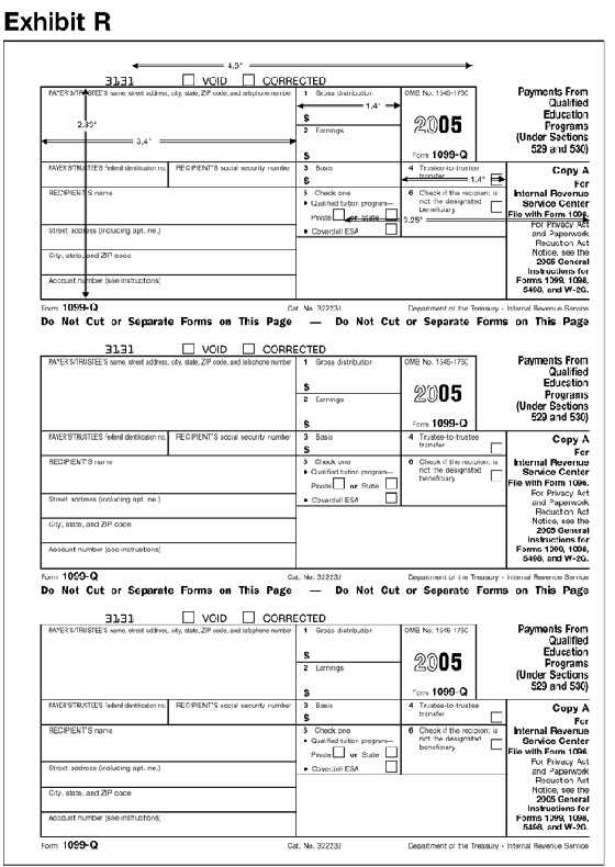 Exhibit R: 1099-QThis exhibit shows the dimensions of the IRS-official, version of the
2005 Revision of Copy A of Form 1099-Q for purposes of substitute form producers
and software vendors.  The exhibit applies vertical and horizontal rules to
the official IRS over-the-counter paper version of the form to indicate the
size and location of various items on the form. 