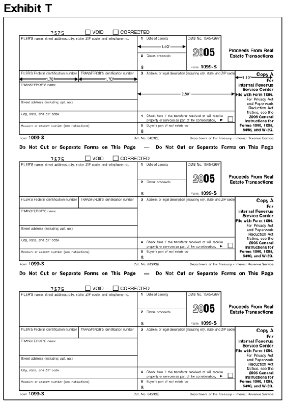 Exhibit T: 1099-SThis exhibit shows the dimensions of the IRS-official, version of the
2005 Revision of Copy A of Form 1099-S for purposes of substitute form producers
and software vendors.  The exhibit applies vertical and horizontal rules to
the official IRS over-the-counter paper version of the form to indicate the
size and location of various items on the form. 