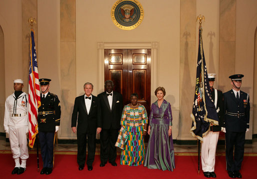 President George W. Bush and Mrs. Laura Bush pose with President John Agyekum Kufuor of Ghana and Mrs. Theresa Kufuor after their arrival at the White House Monday, Sept. 15, 2008, for a State Dinner. White House photo by Chris Greenberg