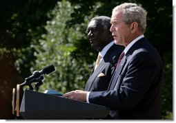 President George W. Bush delivers remarks during a joint statement with President John Agyekum Kufuor of Ghana Monday, Sept. 15, 2008, in the Rose Garden of the White House. White House photo by Chris Greenberg