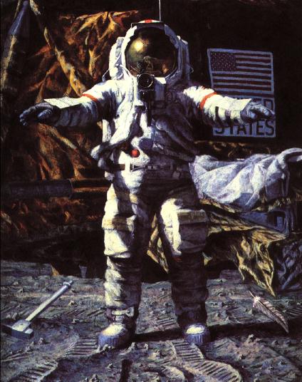 illustration of an astronaut walking on the Moon's surface.