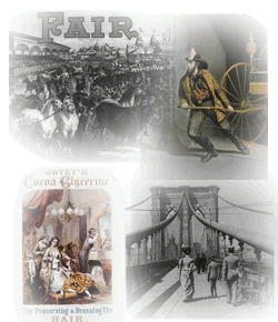 Montage: Fair. Grand parade of prize stock; The American fireman, always ready; Hovey's cocoa glycerine for preserving & dressing the hair; On the promenade. Brooklyn Bridge