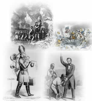Montage: Discovery of North America, by John and Sebstian Cabot; The battle of New Orleans, fought Jan. 8th, 1814; A gold hunter on his way to California, via St. Louis; Emancipation of the slaves, proclaimed on the 22nd September 1862, by Abraham Lincoln, President of the United States of America