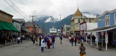 Broadway Street in Skagway with Cruise Ship at Broadway Dock at the end of the street