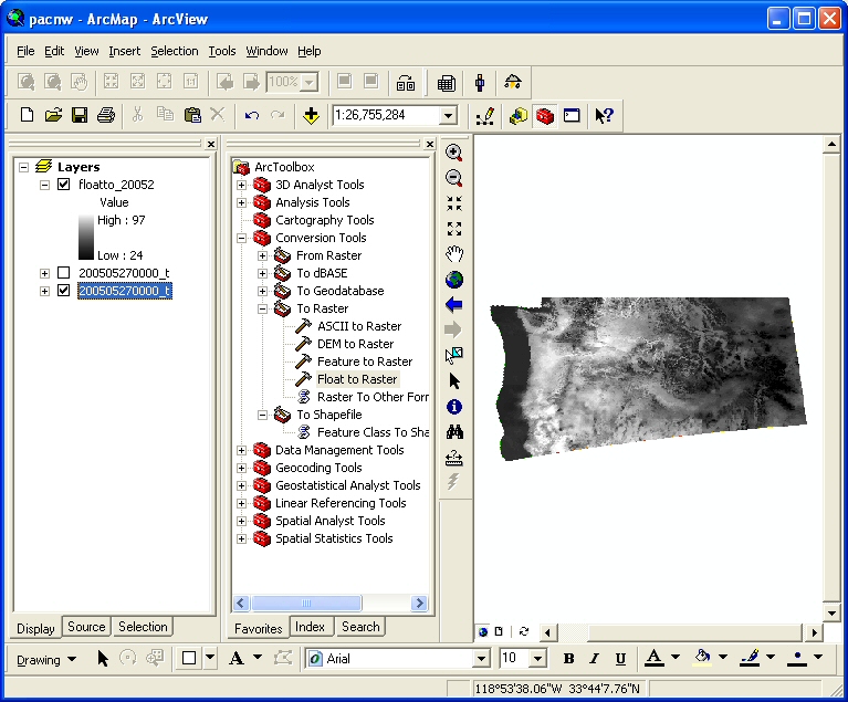 Figure 29: The .flt file was converted to a raster file so that it could be used for raster analysis in ArcGis