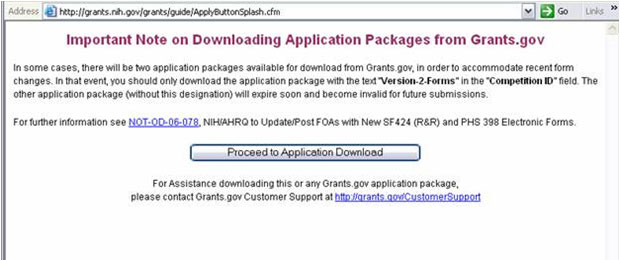 A screenshot of the splash screen that appears before an application is downloaded electronically from the NIH Guide for Grants and Contracts webpage, alerting viewers to use the 'Version-2-Forms' package if there are two application packages available for download.