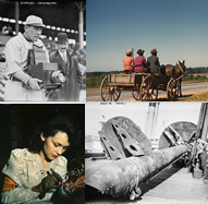Montage - photos from the Bain Collection and FSA Color Photographs:  Germany Schaefer, Going to Town, Woman aircraft worker, Mast of the MAINE