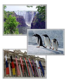 [1] Victoria Falls, Zimbabwe. (State Dept photo).  [2] Penguins.  [3] Flags of G-8 countries. (Photo courtesy of G-8 Italia)