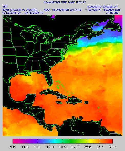 Sea Surface Temperature derived from the GOES-12 imager.  Click on the image for a larger view.