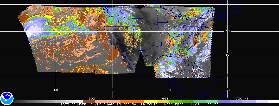 Cloud top pressure derived from the GOES-12 sounder.  Click on the image for a larger view.