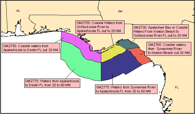 Map showing the coastal marine forecast zones of Florida, Georgia and S. Carolina. Click on your area of interest to get the latest coastal marine forecast. Alternative text links are available below the map.