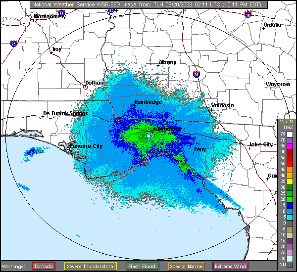 The latest base reflectivity image from the NWS Doppler radar that serves Tallahassee, FL.  Click on the image for additional options.