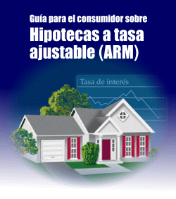 Guía para el consumidor sobre hipotecas a tasa ajustable (ARM). Illustración de una casa con gráfico de la tasa de interés en el fondo.