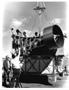 An equipment test is made by the Project da Vinci crew and technicians before launching the 70-foot helium-filled balloon on the first da Vinci flight in 1974. The square, two-tier gondola was designed by Vera Simons. The top tier was used for work and piloting. The lower tier was used for storage, batteries, sleeping bags, etc.