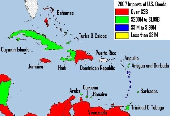Map of U.S. Exports to Caribbean in 2007