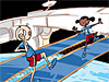 Comic-style picture of Fit Kids balancing on a solar array of the space station