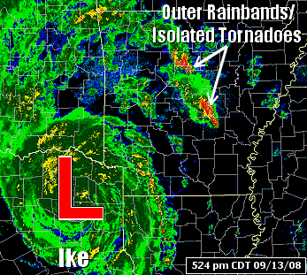 The WSR-88D (Doppler Weather Radar) showed Ike ("L") approaching Arkansas from the southwest at 524 pm CDT on 09/13/2008.