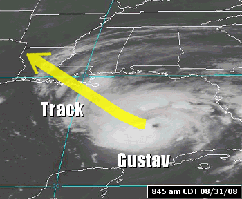 The satellite showed Hurricane Gustav in the Gulf of Mexico at 845 am CDT on 08/31/2008.