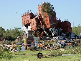 A feed mill was heavily damaged by a tornado (rated EF3) about 3 miles north-northeast of Damascus (Van Buren County) on 05/02/2008.