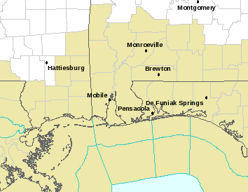 Map of Southeast Mississippi, Southwest Alabama, and the western Florida Panhandle