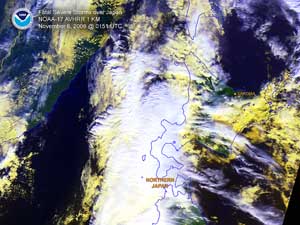 Satellite image of severe thunderstorms affecting Japan on November 6, 2006