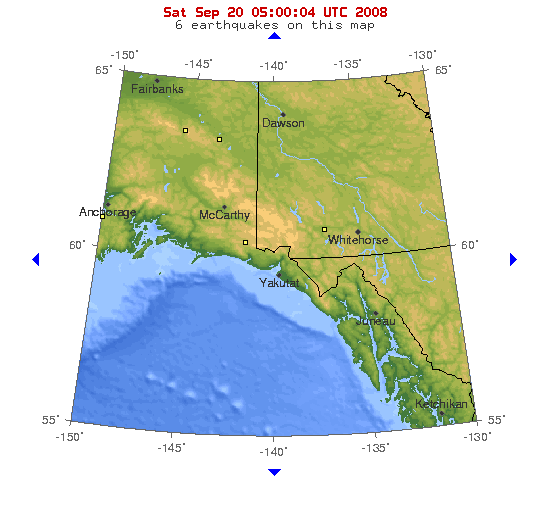 10-degree map showing recent earthquakes