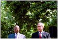 President Bush meets with President Yoweri Kaguta Museveni of Uganda at the White House Tuesday, June 10, 2003. The Leaders renewed U.S. - Uganda cooperation on the global war on terrorism, regional stability and HIV/AIDS. The Ugandan HIV/AIDS approach serves as the model for the President.s Emergency HIV/AIDS plan for prevention. The U.S. is the largest bilateral donor of HIV/AIDS assistance, providing half of all international HIV/AIDS funding in 2002 in over 50 countries. The President signed the HIV/AIDS Bill into law May 27, 2003, launching an emergency effort that will provide $15 billion over the next five years to fight AIDS abroad. This is the largest, single commitment in history for an international public health initiative involving a specific disease. 