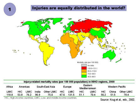 Picture of slide 2 as described above, which also includes a picture of a flat map of the world shaded by levels of injury death rates