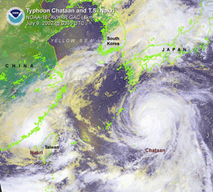 a satellite image of tropical storm Nakri affecting Taiwan