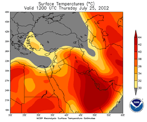 a map of temperatures across the Middle East on July 25, 2002