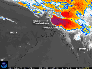 Colorized infrared satellite imagery depicting severe thunderstorms in Bangladesh on April 14, 2004