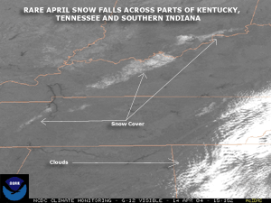 Visible satellite image depicting snow cover from snowfall on April 13, 2004