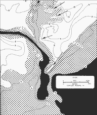 image of fingerlike extensions of northwest-trending high ground, that are interpreted as spit accretion features building southward at end of barrier bar