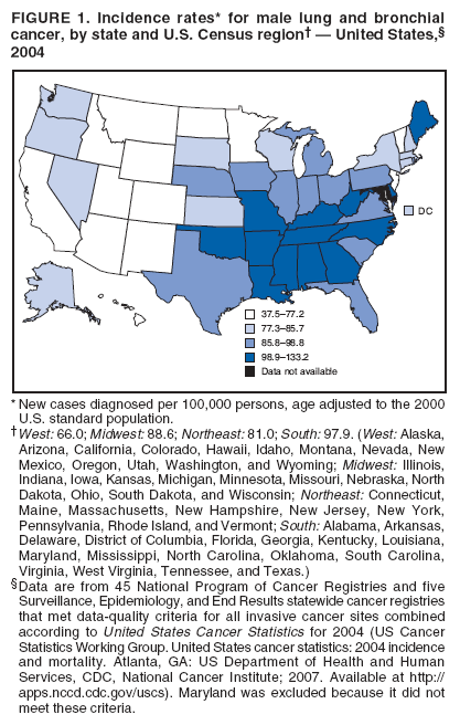 FIGURE 1. Incidence rates* for male lung and bronchial
cancer, by state and U.S. Census region† — United States,§
2004