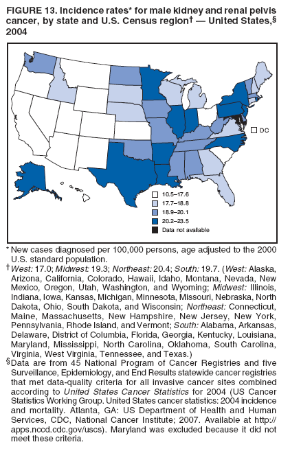 FIGURE 13. Incidence rates* for male kidney and renal pelvis
cancer, by state and U.S. Census region† — United States,§
2004