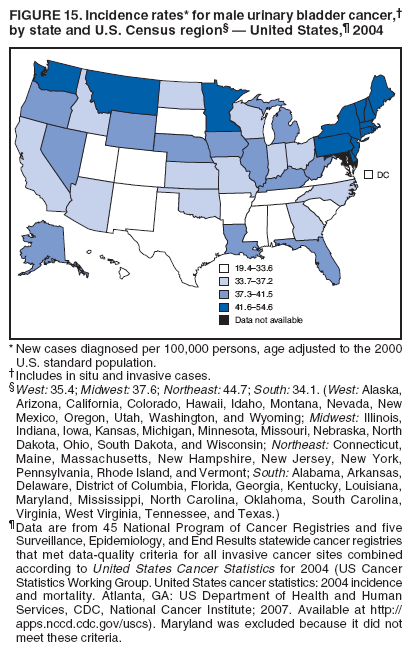 FIGURE 15. Incidence rates* for male urinary bladder cancer,†
by state and U.S. Census region§ — United States,¶ 2004