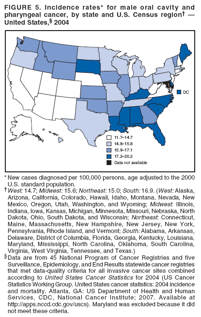 FIGURE 5. Incidence rates* for male oral cavity and
pharyngeal cancer, by state and U.S. Census region† —
United States,§ 2004