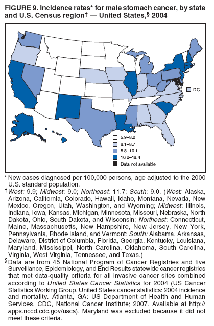 FIGURE 9. Incidence rates* for male stomach cancer, by state
and U.S. Census region† — United States,§ 2004