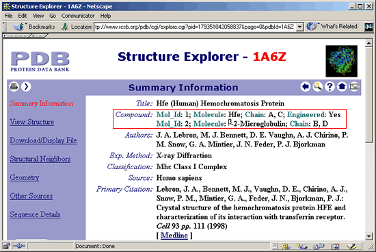 Screenshot of PDB Record: 1A6Z