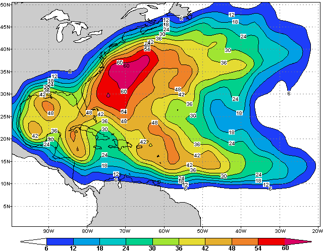 The annual chance (percentage) of a named tropical cyclone.