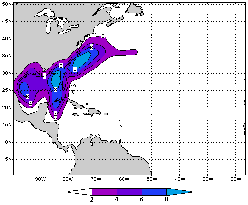 The chance (percentage) of a named tropical cyclone in June