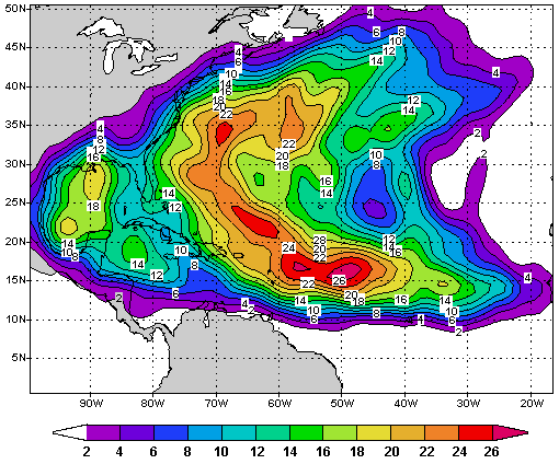 The chance (percentage) of a named tropical cyclone in September