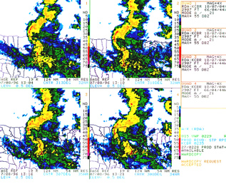 Four-panel Base Reflectivity time series at 0.5� elevation for the period 1304UTC (upper left) - 1321UTC (lower right) on 8 July 96