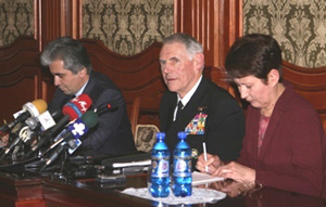 Adm. William Fallon, commander, U.S. Central Command, addresses the media during his trip to Tajikistan Jan. 22. (U.S. Embassy photo)