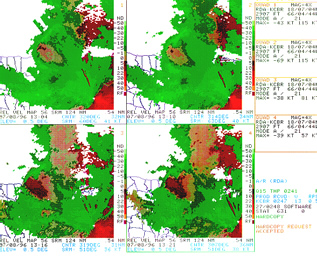 Four-panel Storm Relative Velocity map time series at 0.5� elevation for the period 1304 - 1321UTC on 8 July 199